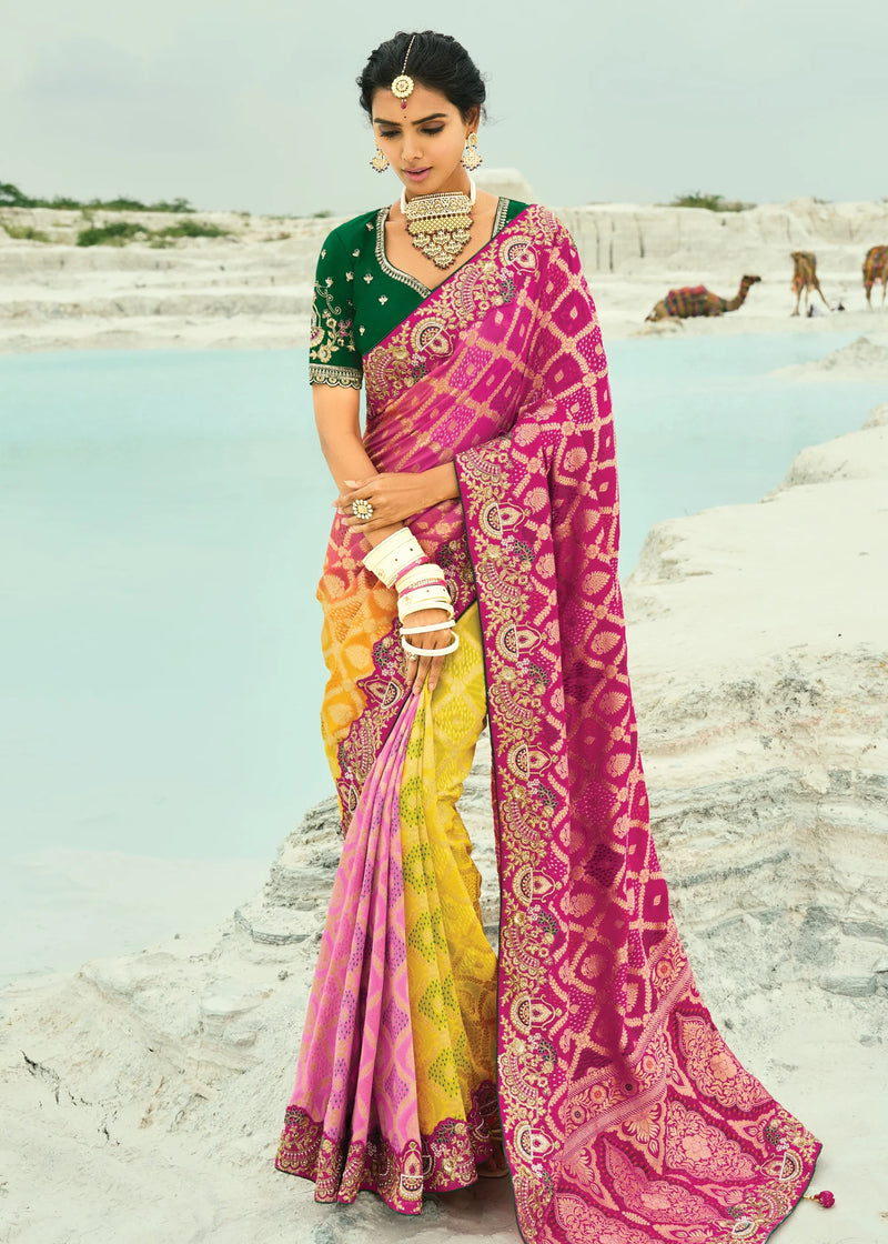 Nayoora Rani Pink & Sunshine Yellow Georgette Woven Saree with Emerald Green Embroidered Blouse