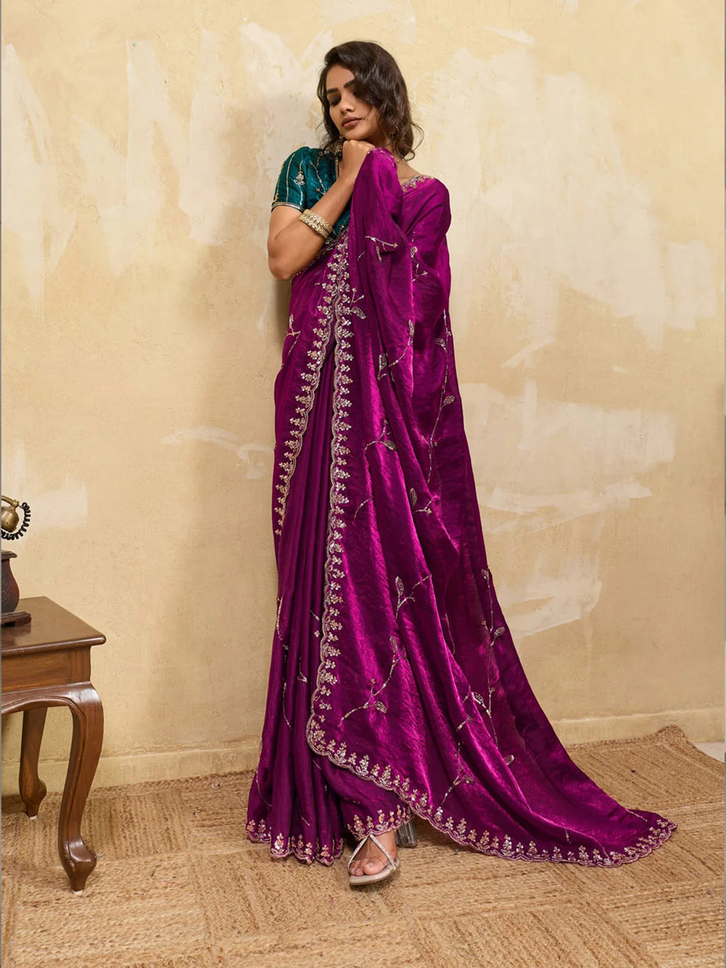 Nayoora Magenta Embroidered Designer Saree With Teal Blouse