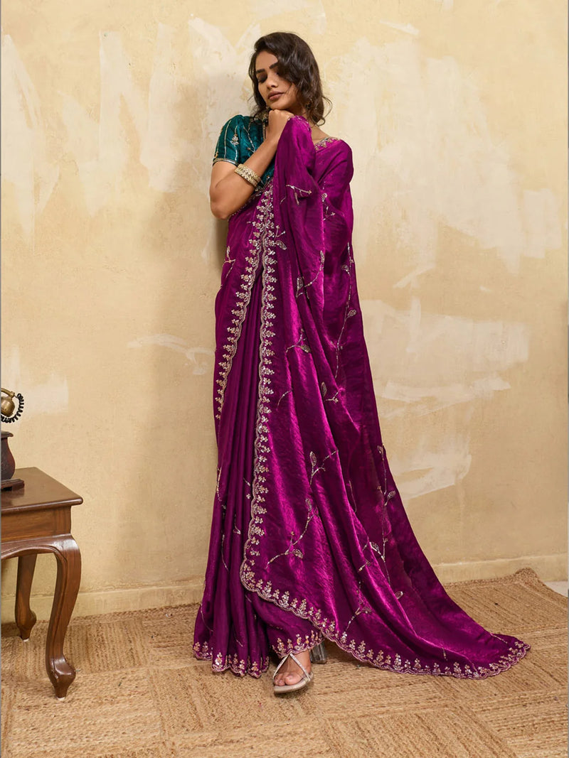 Nayoora Magenta Embroidered Designer Saree With Teal Blouse