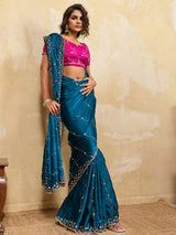 Nayoora Teal Blue Embroidered Designer Saree With Pink Blouse