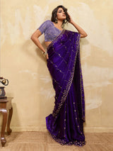 Nayoora Deep Purple Embroidered Designer Saree With Lavender Blouse