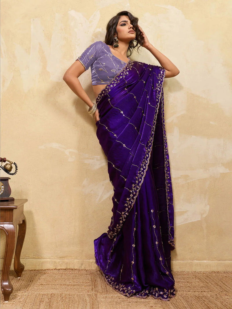 Nayoora Deep Purple Embroidered Designer Saree With Lavender Blouse