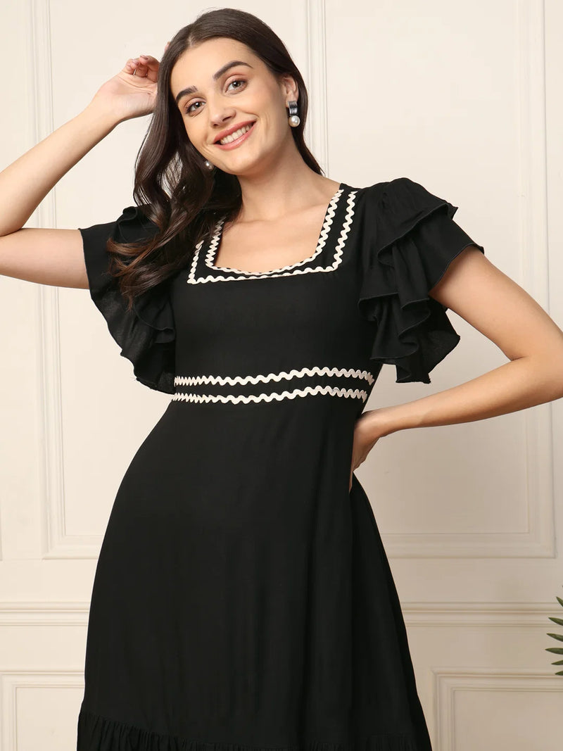Nayoora Black Solid Ruffle Sleeve Fit & Flare Midi Dress
