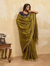 Nayoora Olive Green Metallic Saree With Brown Blouse