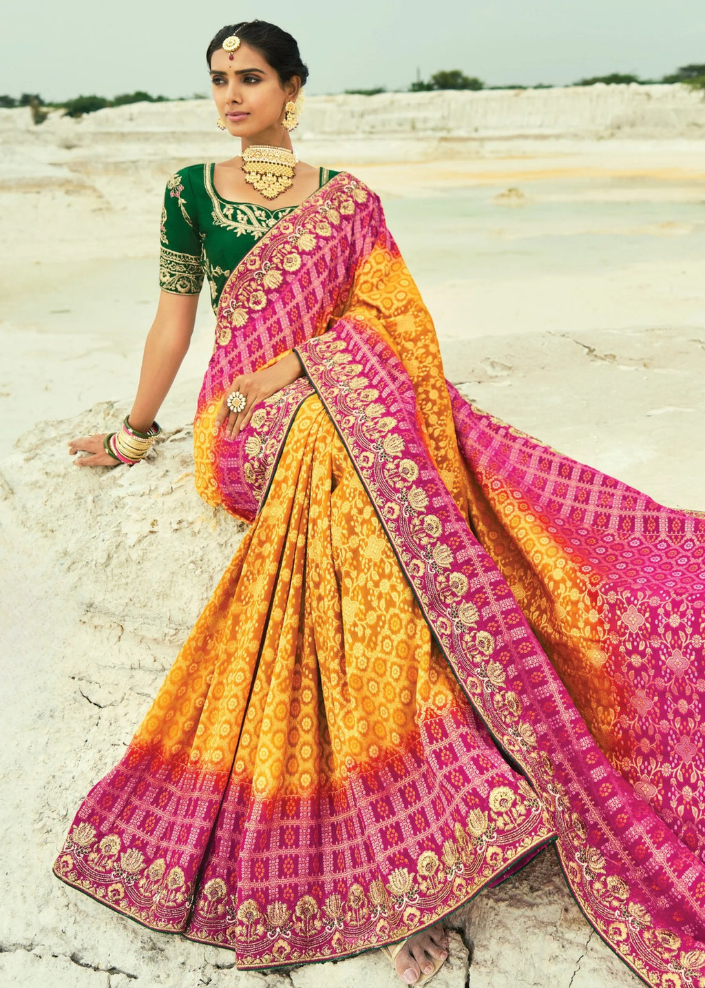 Nayoora Royal Sunset Pink & Mustard Georgette Embroidered Saree