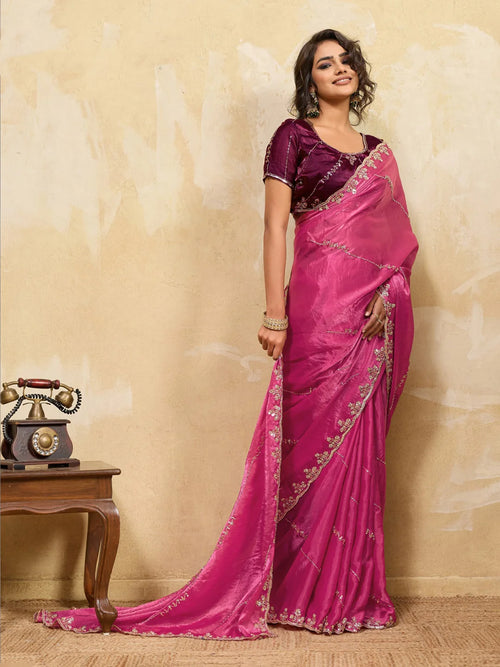 Nayoora Pink Embroidered Designer Saree With Wine Blouse