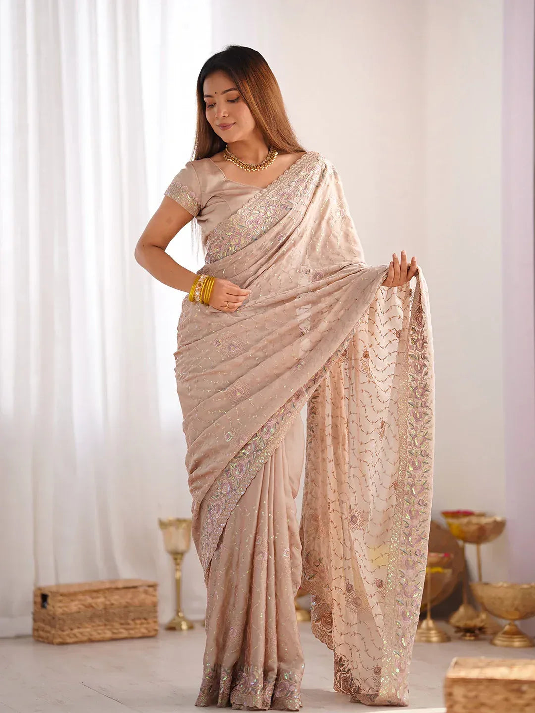 Nayoora Luxe Champagne Beige Crushed Silk Multi-Sequin Saree - Nayoora