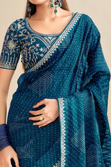 Nayoora Teal Blue Georgette Embroidered Designer Saree with Blouse