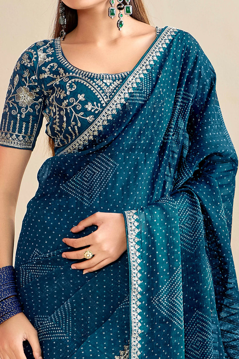 Nayoora Teal Blue Georgette Embroidered Designer Saree with Blouse
