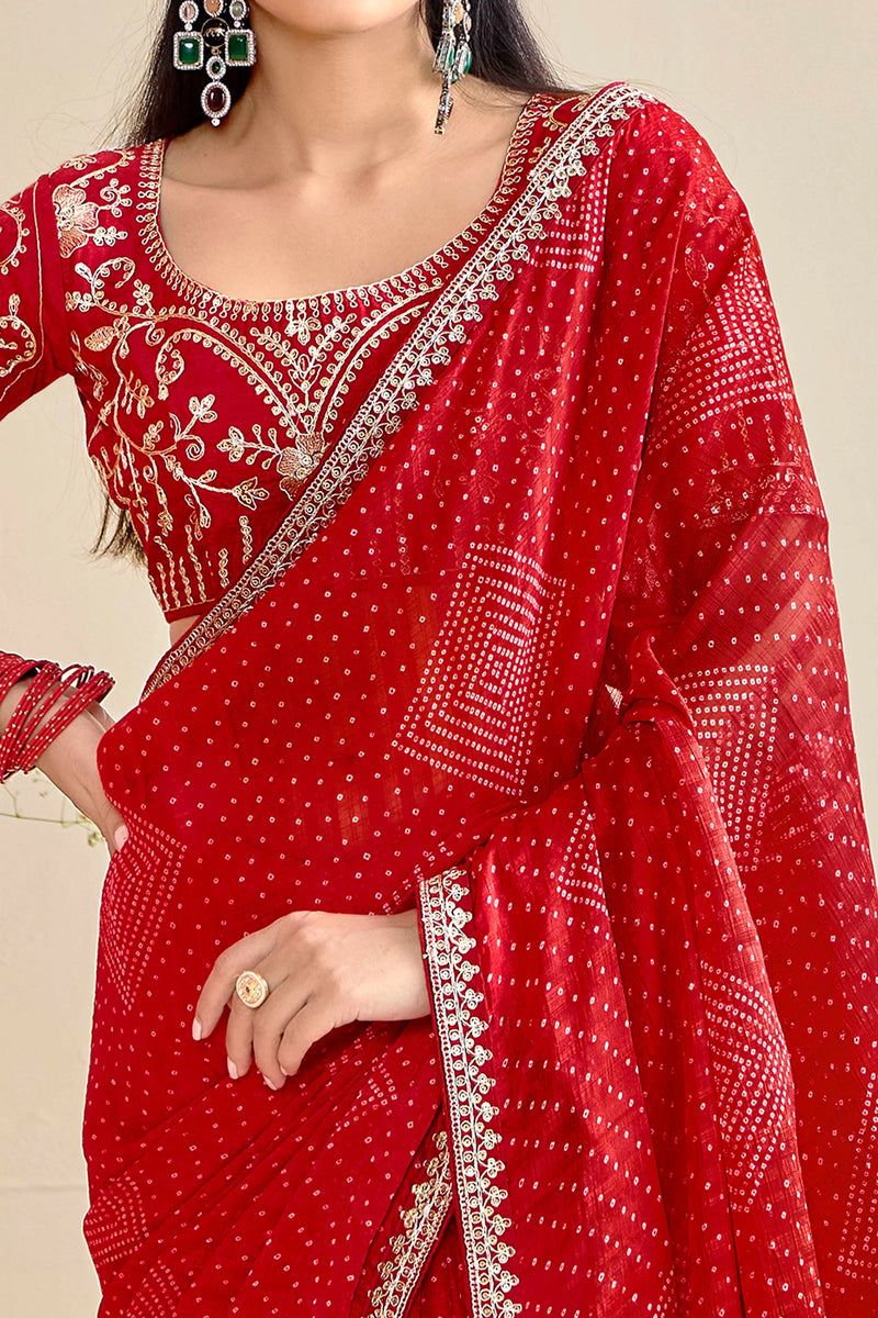 Nayoora Red Georgette Embroidered Designer Saree with Blouse