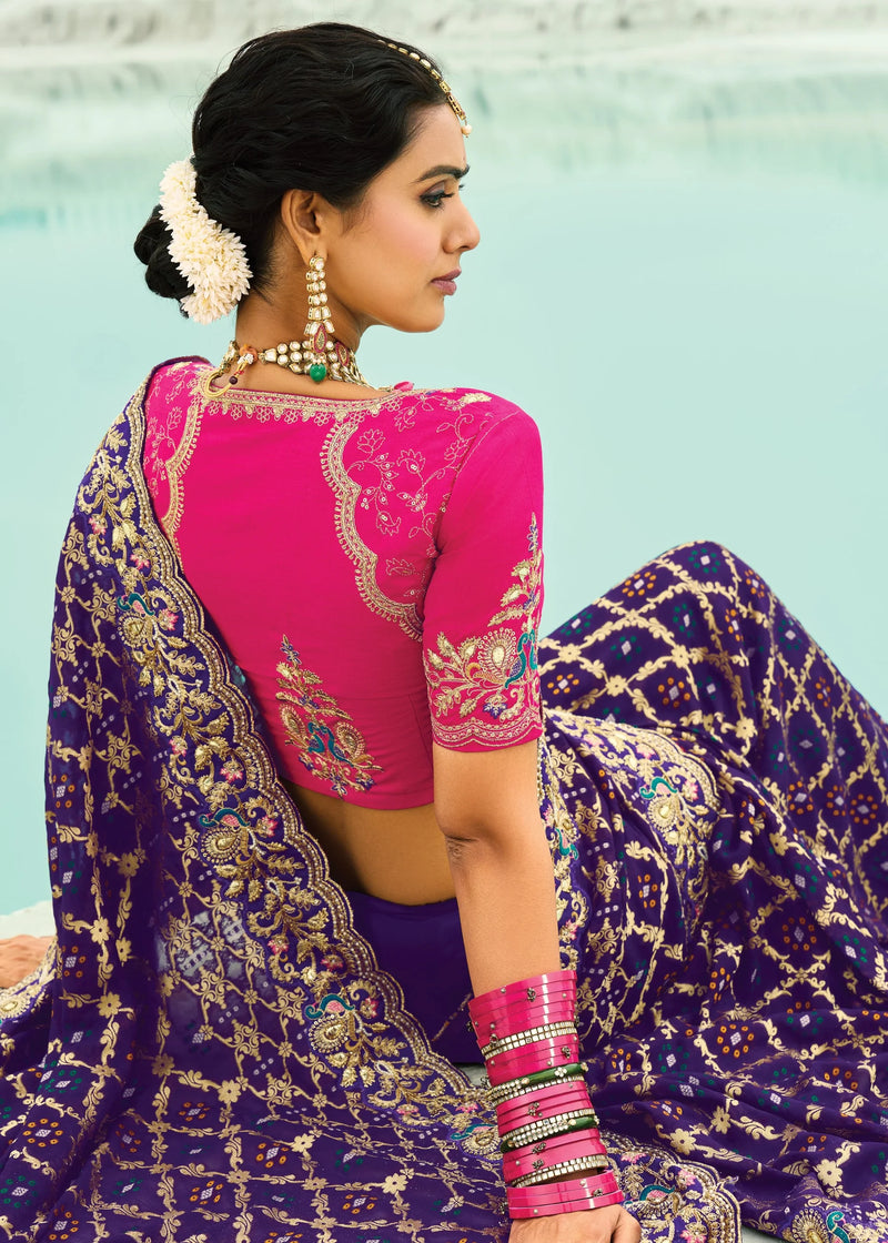Nayoora Royal Purple Georgette Designer Saree with Rani Pink Embroidered Blouse