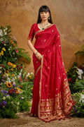 Nayoora Red Tussar Silk Handloom Saree with Traditional Woven Border