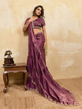Nayoora Wine Purple Embroidered Designer Saree With Matching Blouse