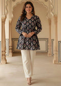 Indigo blue rayon tunic with multicolor floral geometric print, long sleeves