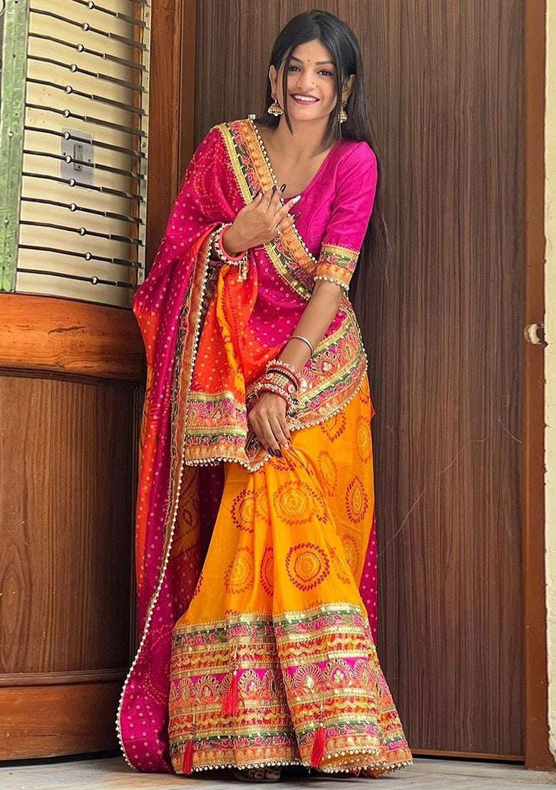 Nayoora Luxe Sunshine Yellow & Magenta Bandhani Moss Chiffon Saree - Nayoora