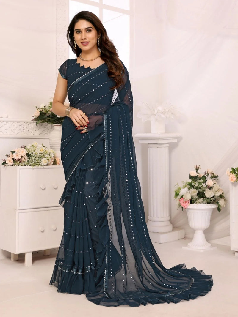 Nayoora Midnight Blue Georgette Ruffle Saree with Mirror Work