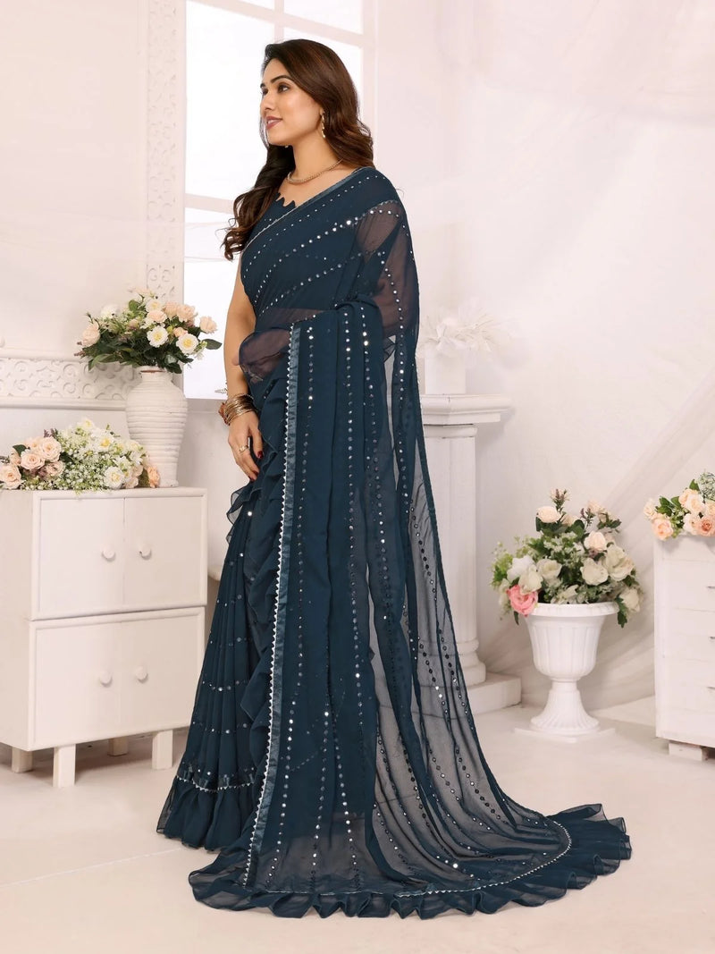 Nayoora Midnight Blue Georgette Ruffle Saree with Mirror Work