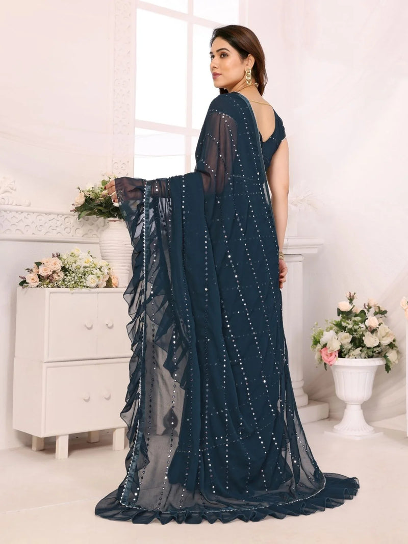 Nayoora Midnight Blue Georgette Ruffle Saree with Mirror Work