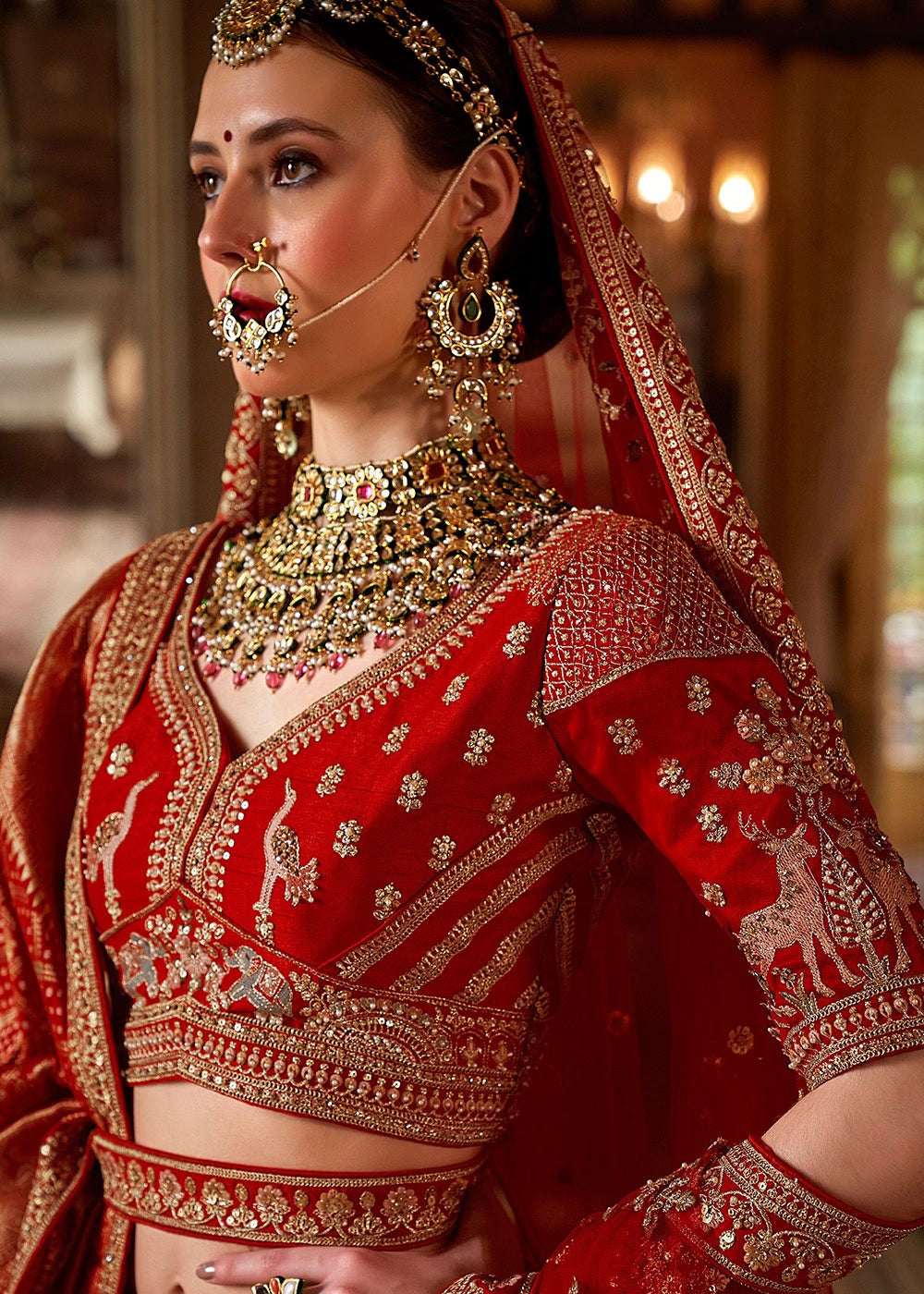 Nayoora Luxe Royal Crimson Red Heritage Deer Motif Double Dupatta Bridal Lehenga - Nayoora