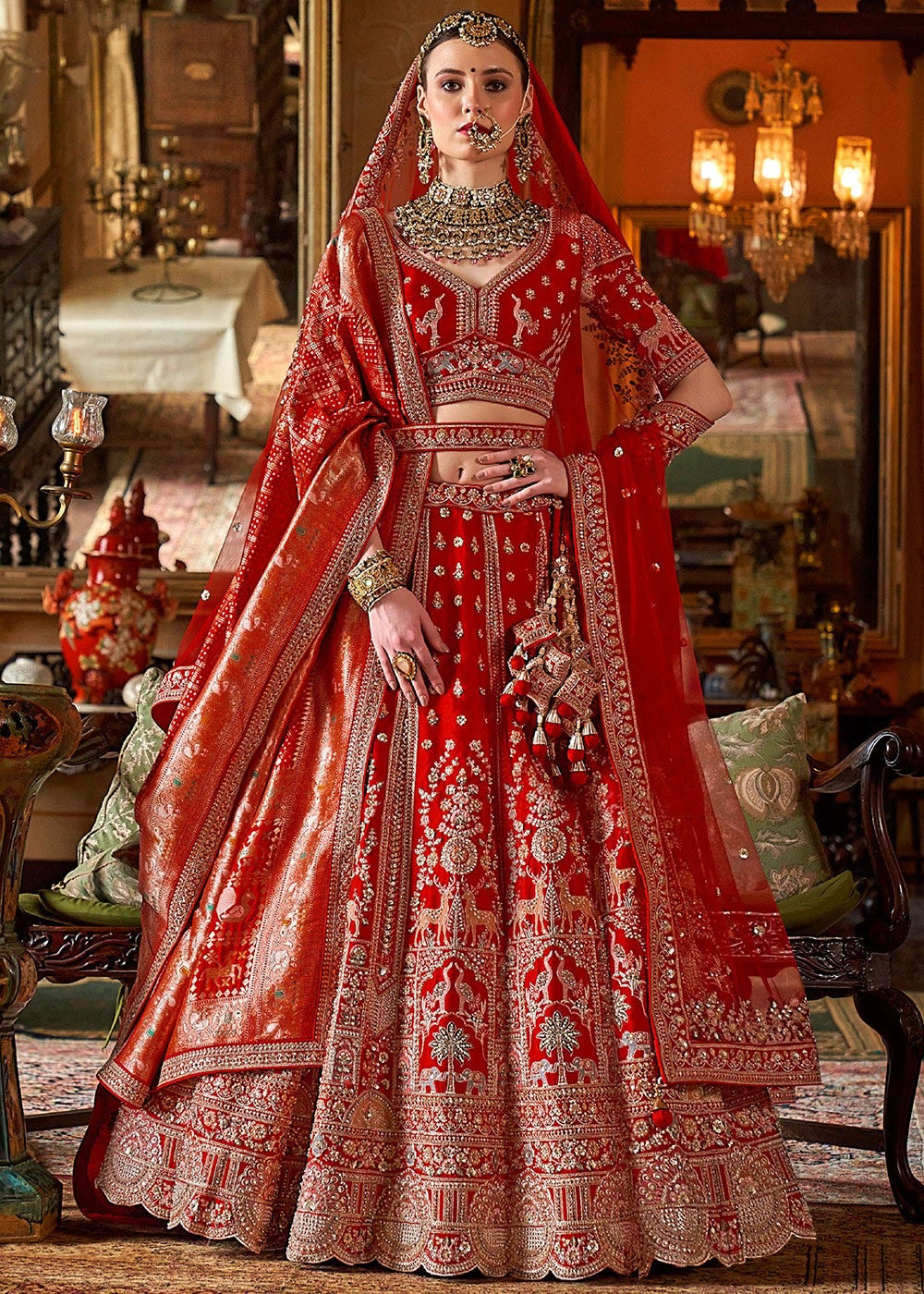 Nayoora Luxe Royal Crimson Red Heritage Deer Motif Double Dupatta Bridal Lehenga - Nayoora