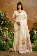 Nayoora Ivory Tussar Silk Handloom Saree with Traditional Woven Border