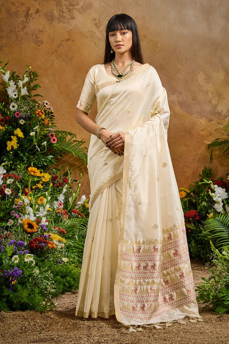 Nayoora Ivory Tussar Silk Handloom Saree with Traditional Woven Border
