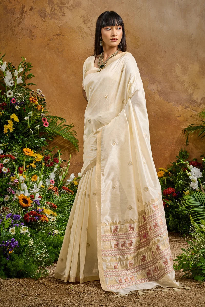 Nayoora Ivory Tussar Silk Handloom Saree with Traditional Woven Border