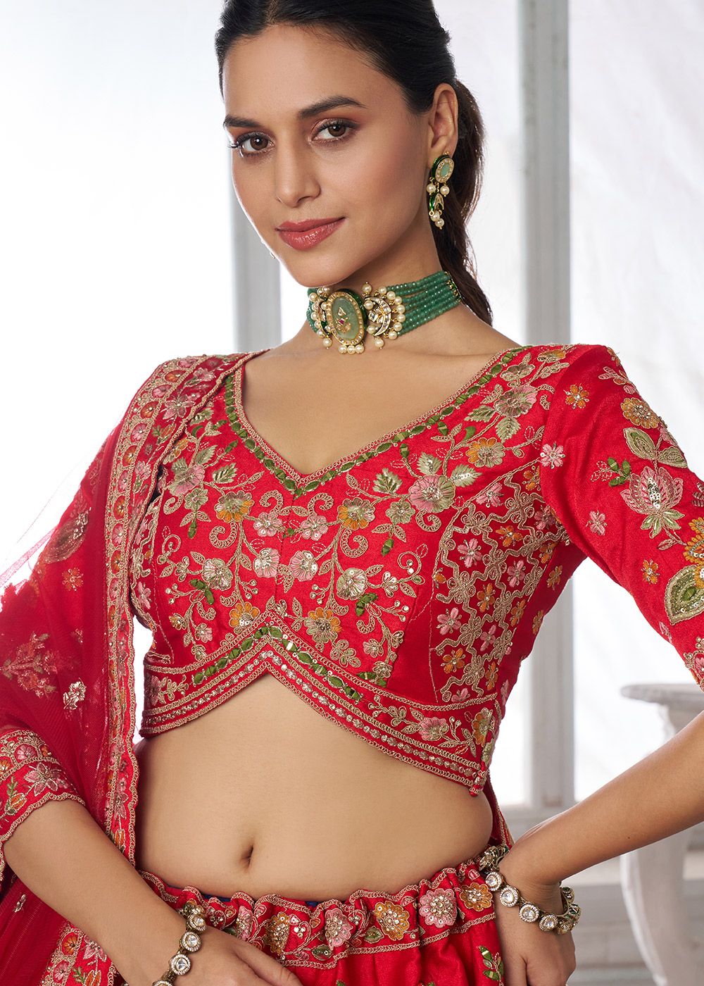 Nayoora Crimson Heritage Embroidered Silk Lehenga Set