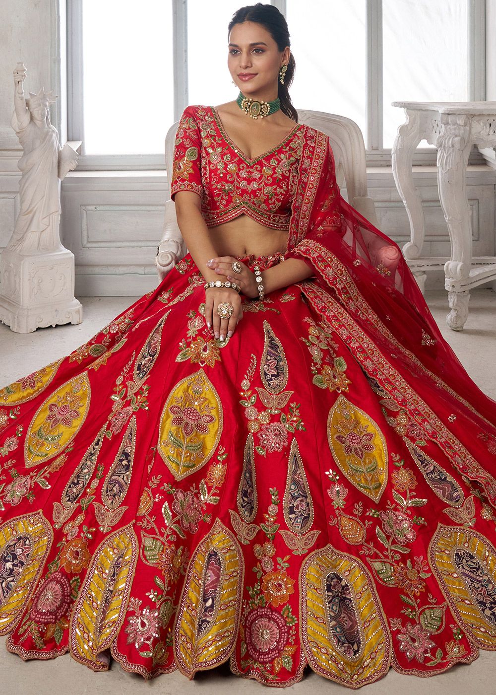 Nayoora Crimson Heritage Embroidered Silk Lehenga Set