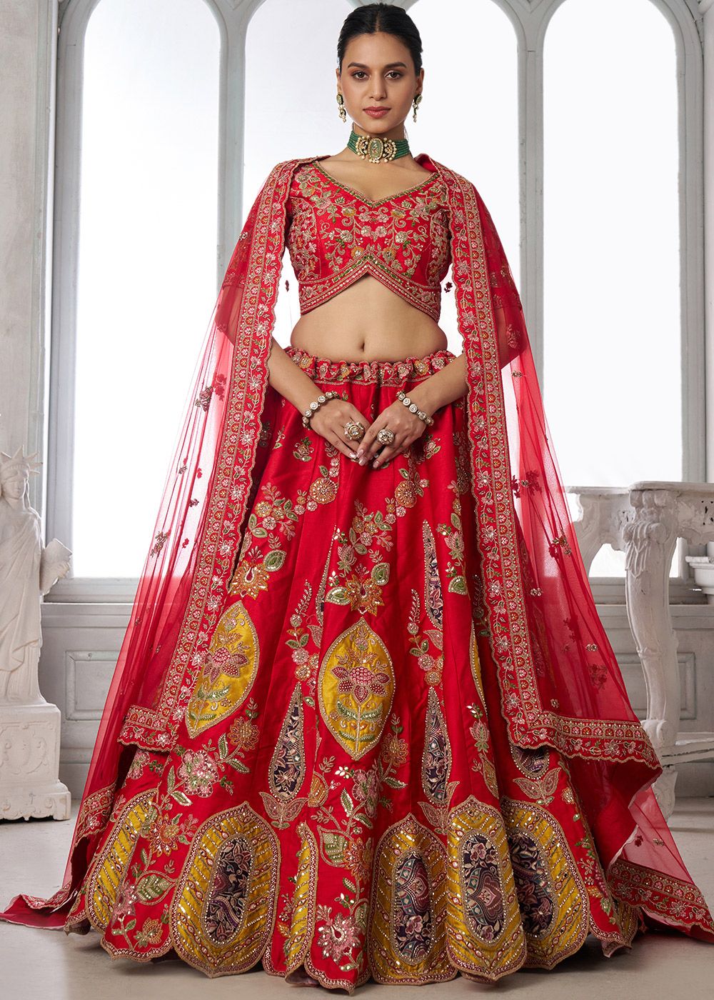 Nayoora Crimson Heritage Embroidered Silk Lehenga Set