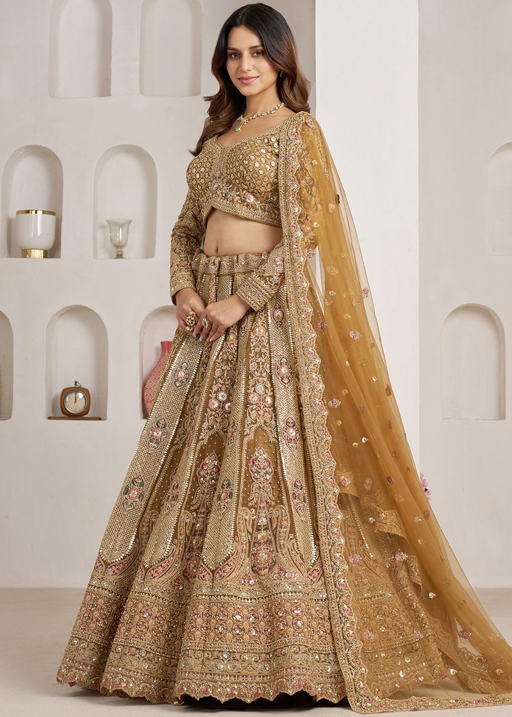 Nayoora Regal Gold Embellished Bridal Net Lehenga Set