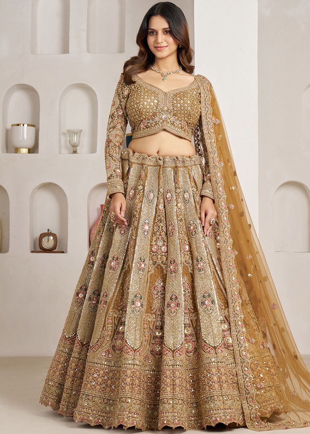 Nayoora Regal Gold Embellished Bridal Net Lehenga Set