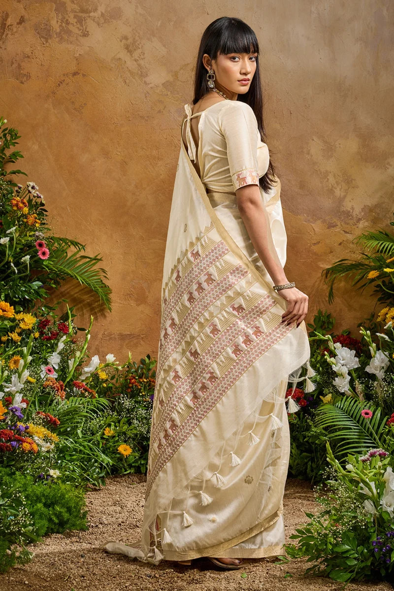Nayoora Ivory Tussar Silk Handloom Saree with Traditional Woven Border