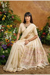 Nayoora Ivory Tussar Silk Handloom Saree with Traditional Woven Border