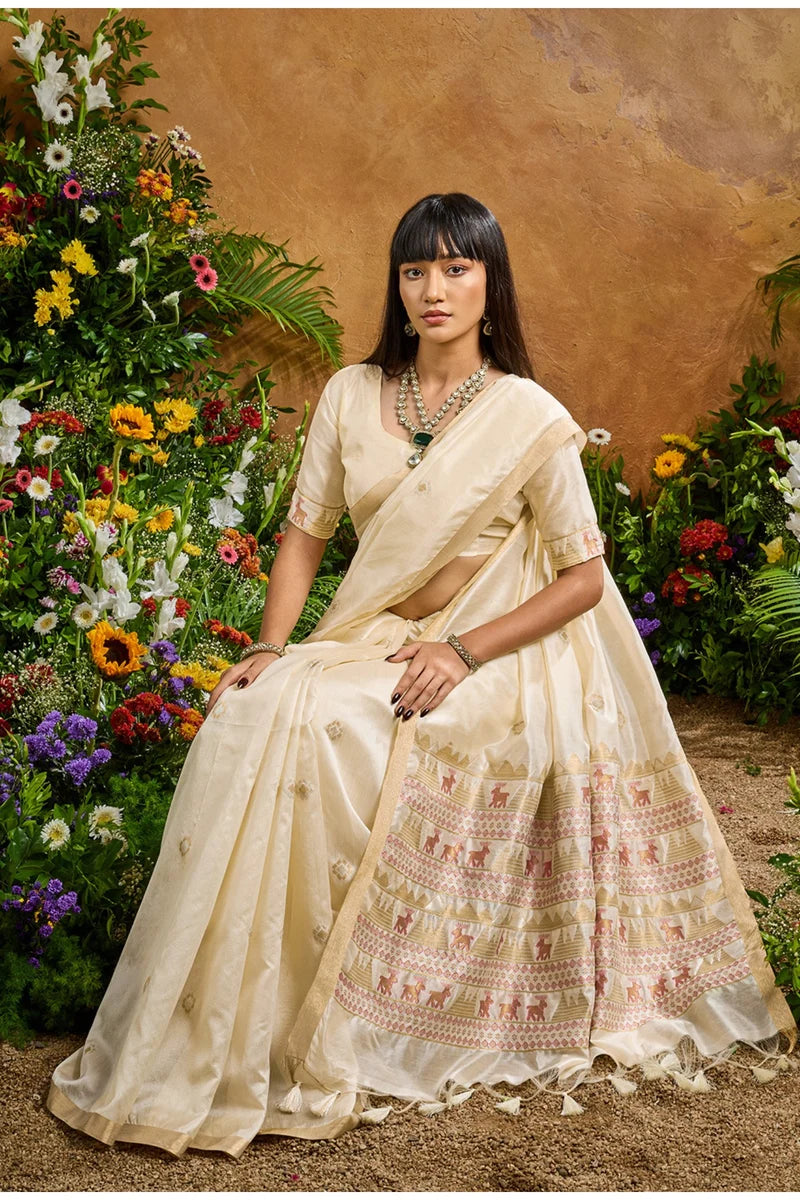 Nayoora Ivory Tussar Silk Handloom Saree with Traditional Woven Border