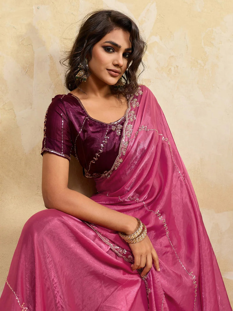 Nayoora Pink Embroidered Designer Saree With Wine Blouse