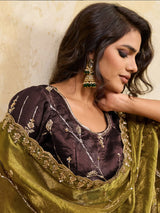 Nayoora Olive Green Metallic Saree With Brown Blouse