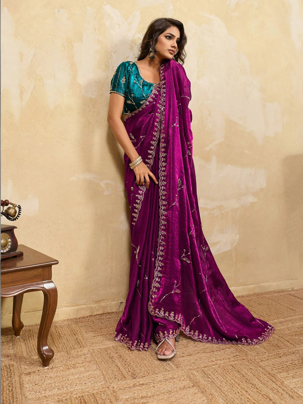 Nayoora Magenta Embroidered Designer Saree With Teal Blouse
