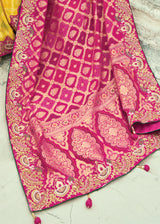 Nayoora Rani Pink & Sunshine Yellow Georgette Woven Saree with Emerald Green Embroidered Blouse