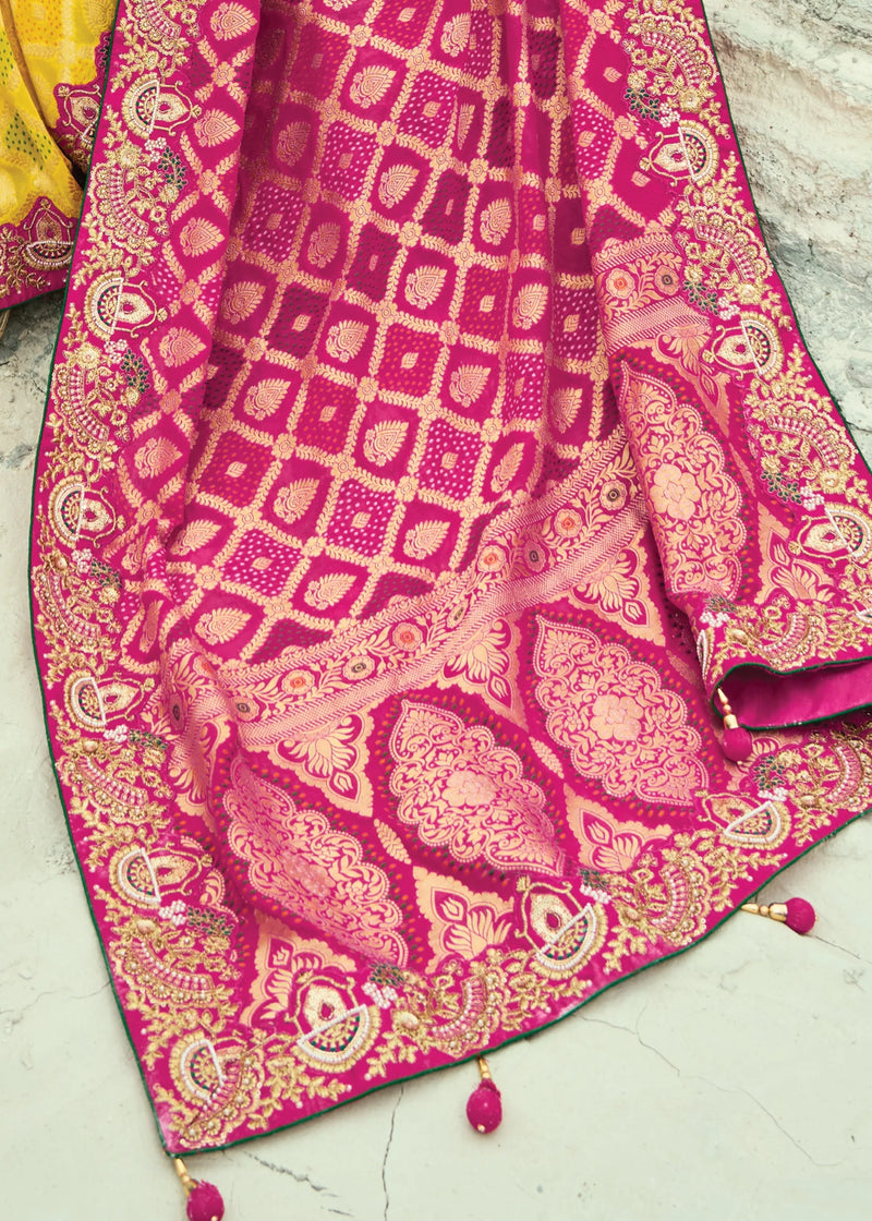 Nayoora Rani Pink & Sunshine Yellow Georgette Woven Saree with Emerald Green Embroidered Blouse