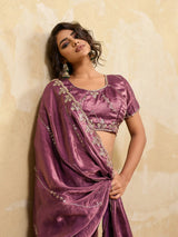 Nayoora Wine Purple Embroidered Designer Saree With Matching Blouse