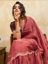 Nayoora Rose Pink Embroidered Designer Saree With Wine Blouse