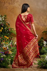 Nayoora Red Tussar Silk Handloom Saree with Traditional Woven Border