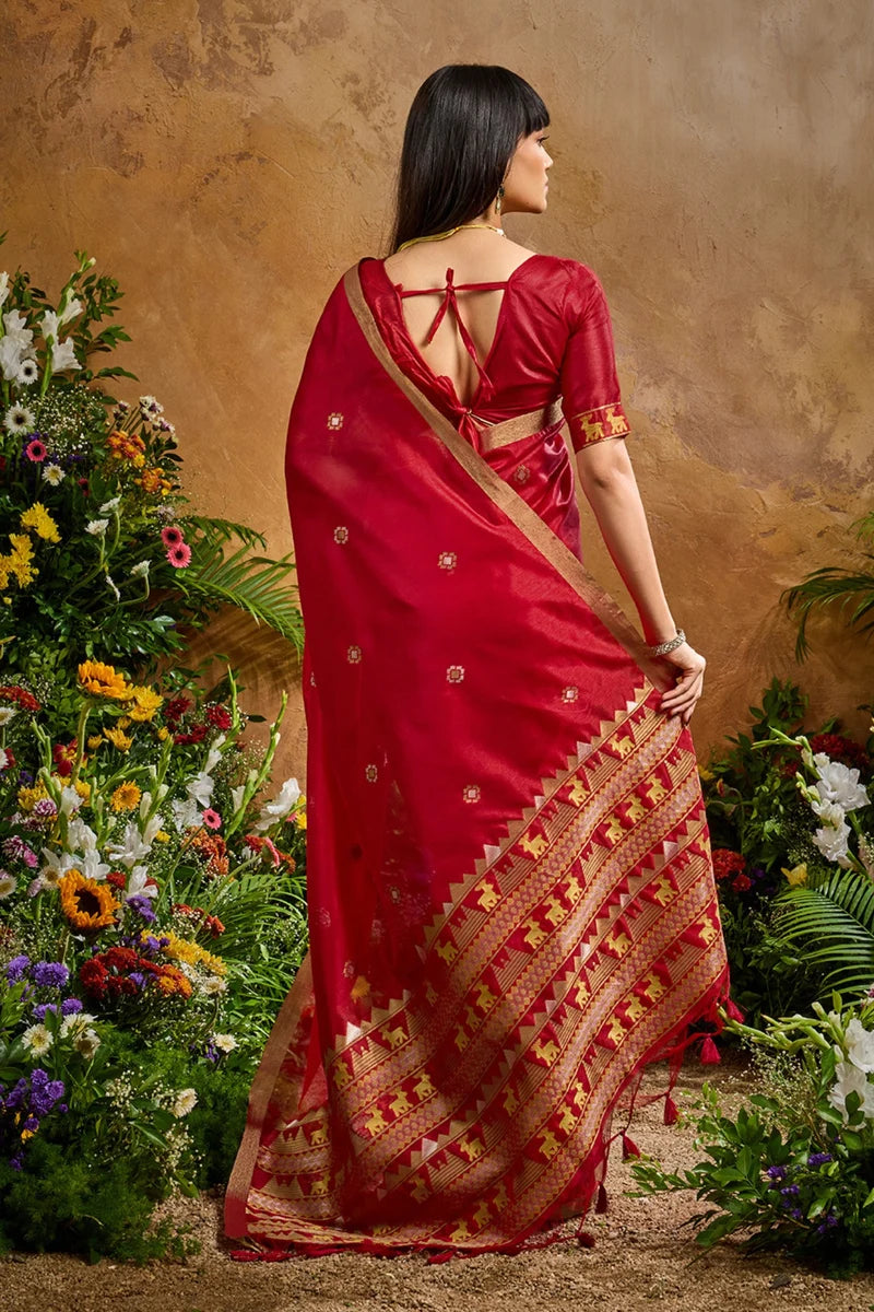 Nayoora Red Tussar Silk Handloom Saree with Traditional Woven Border