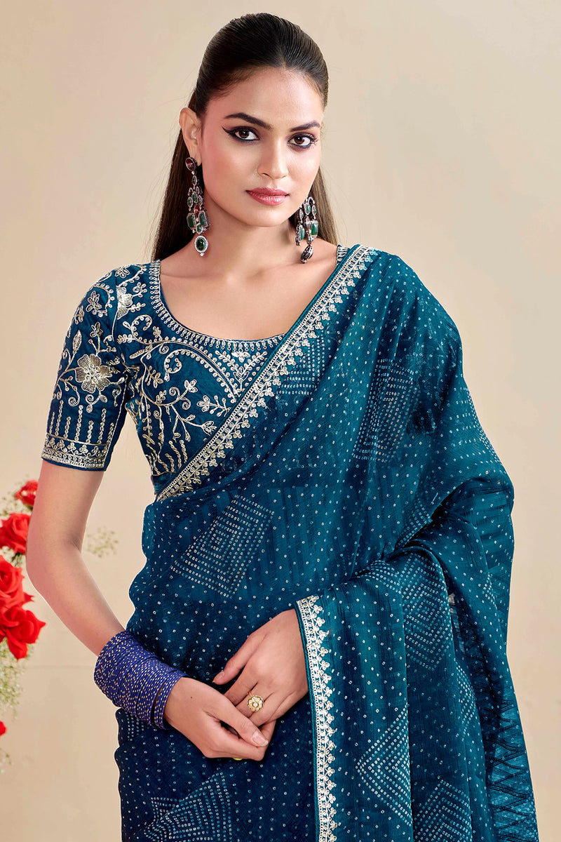 Nayoora Teal Blue Georgette Embroidered Designer Saree with Blouse