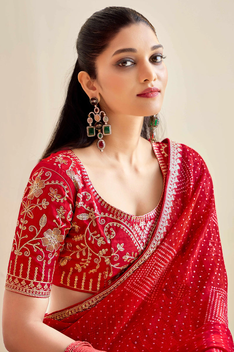 Nayoora Red Georgette Embroidered Designer Saree with Blouse