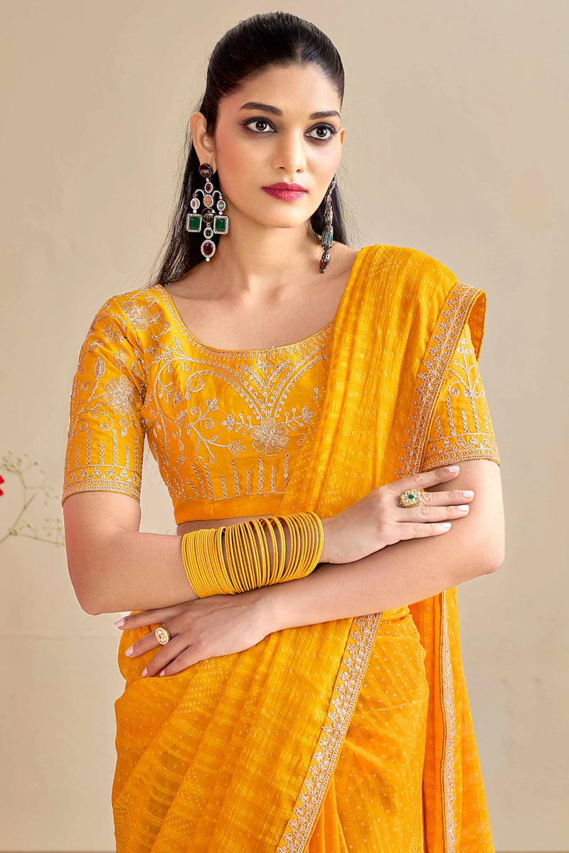 Nayoora Mustard Yellow Georgette Embroidered Designer Saree with Blouse