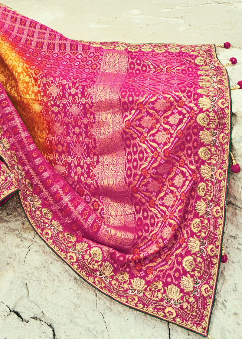 Nayoora Royal Sunset Pink & Mustard Georgette Embroidered Saree