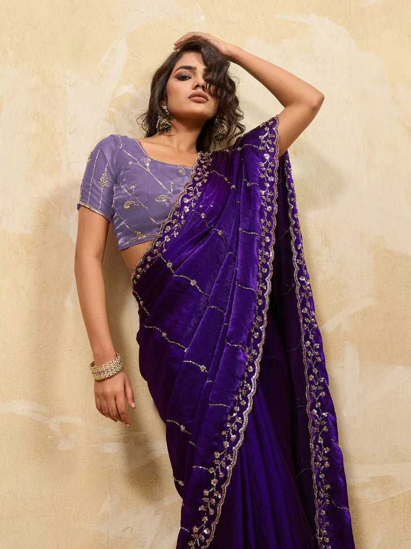 Nayoora Deep Purple Embroidered Designer Saree With Lavender Blouse