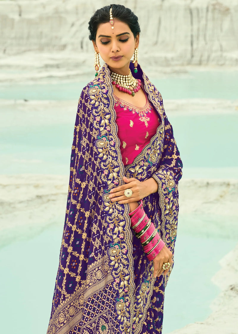 Nayoora Royal Purple Georgette Designer Saree with Rani Pink Embroidered Blouse